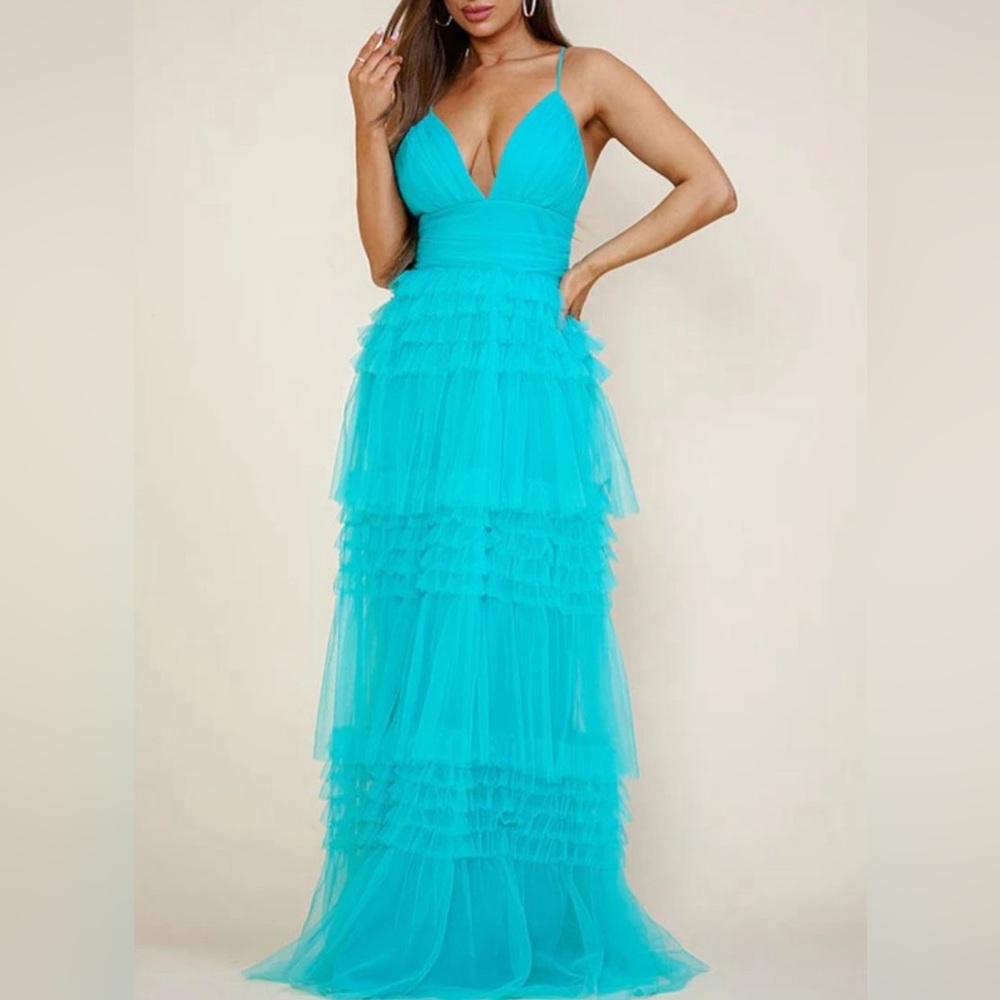 Aqua ruffle long dress (never worn)